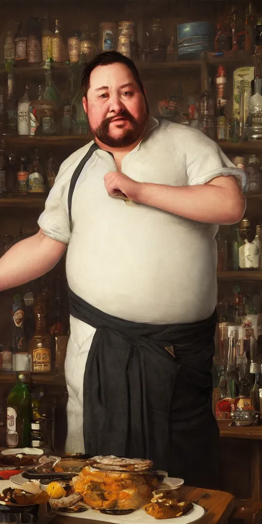 Prompt: portrait of a fat tavern ownler with dirty apron by Edgar Maxence and Ross Tran and Michael Whelan, 8k, octane render