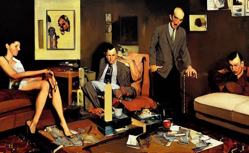 Prompt: a thin man falls over whilst his wife stands on a coffee table in a dark living room, painted by phil hale and rick berry and norman rockwell and dean cornwell and tom lowell, highly detailed