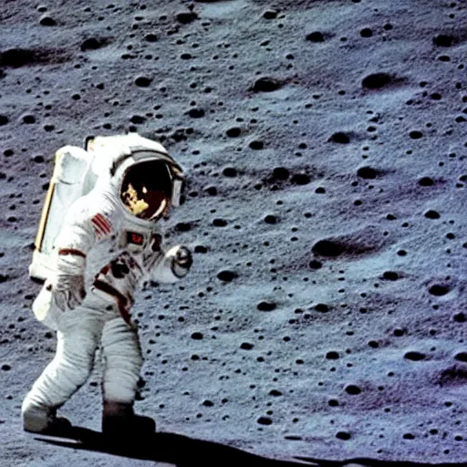 Image similar to grainy 1 9 7 0 s nasa photograph of an astronaut doing the moonwalk dance on the moon, astronaut sliding backwards dance on the moon, side angle