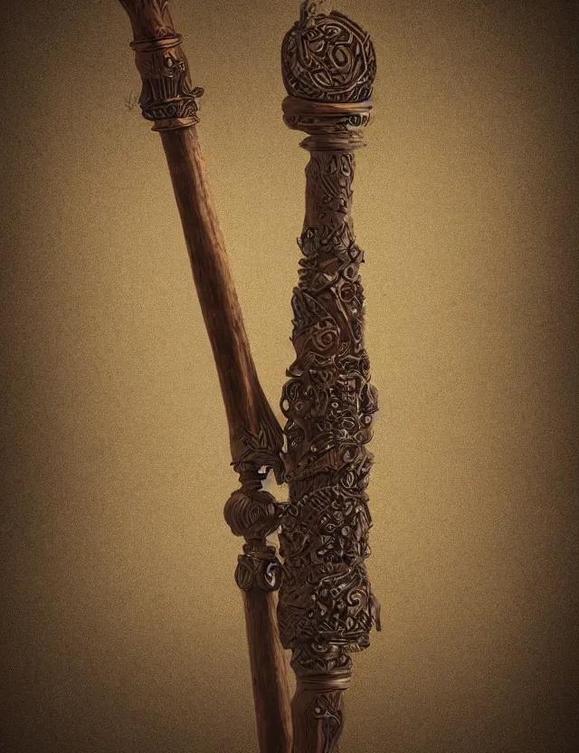 Prompt: medium shot of an ornate wooden staff, fantasy illustration, medieval era, blank background, studio lighting, hand - drawn digital art