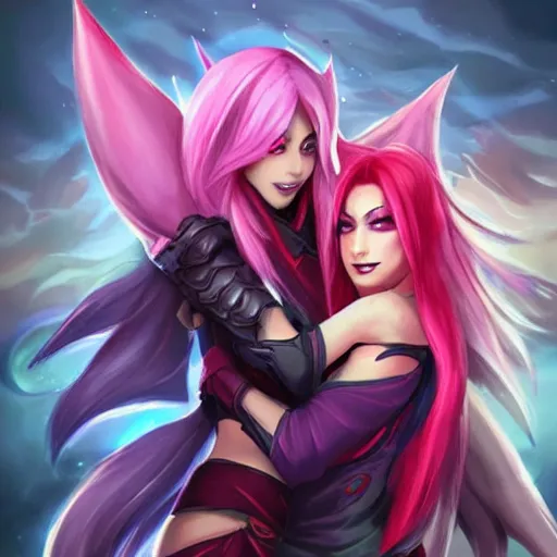 Prompt: league of legends, xayah and kai'sa pose together, best friends, funny, flirty, smiling, photo