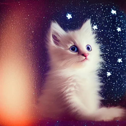 Image similar to !dream Photo of a cute extremely fluffy kitten playing with light double exposed with stars. Light painting. Bokeh. Whimsical. Magical.