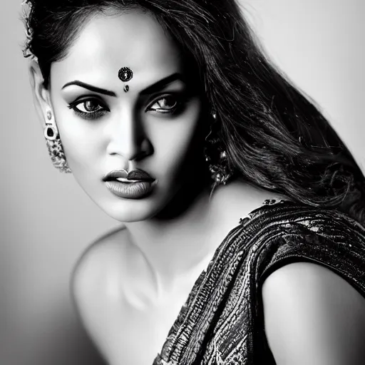 Prompt: waist up portrait photography of indian beauty who have the nose of angelina jolie, lips of megan fox and the eyes of rihanna, award winning photography by leonardo espina, black and white, old style photography, photo pose