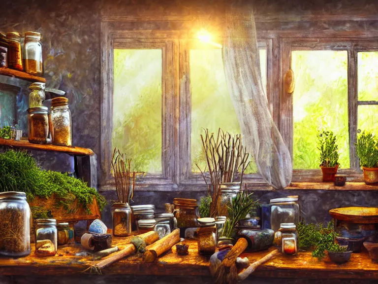 Image similar to expressive rustic oil painting, interior view of a cluttered herbalist cottage, waxy candles, jars on wall, wood furnishings, herbs hanging, light bloom, dust, ambient occlusion, morning, rays of light coming through windows, dim lighting, brush strokes oil painting