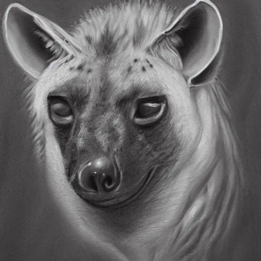 Image similar to highly detailed charcoal painting of a devilish hyena in the woods