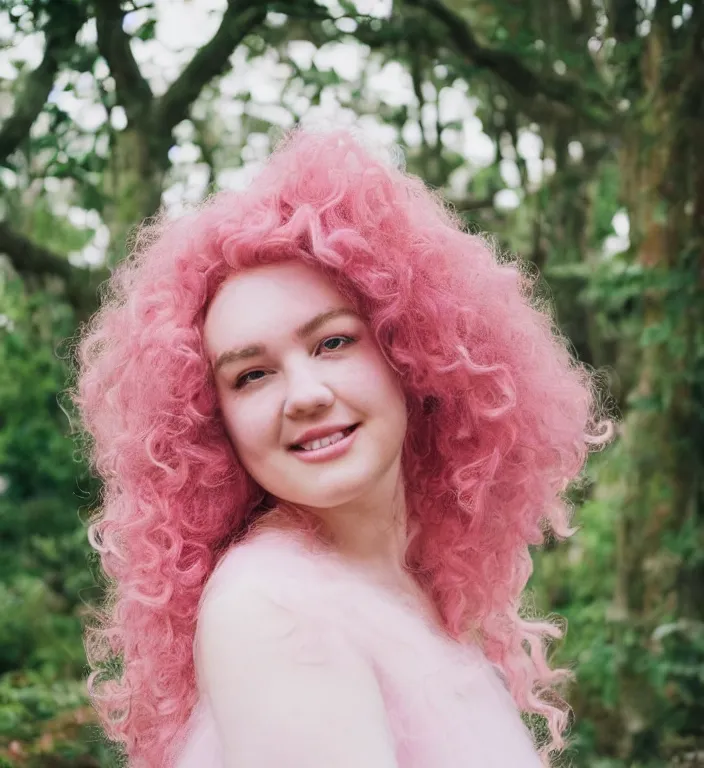 Image similar to a photograph of rose quartz from steven universe, portrait photography, 8 5 mm, iso 4 0 0, focus mode, detailed portrait, gigantic tight pink ringlets, huge curly pink hair, bangs, plus size, extremely beautiful and ethereal, warm smile, magical, white dress, regal, gorgeous, kind features, beautiful woman, flattering photo, daylight