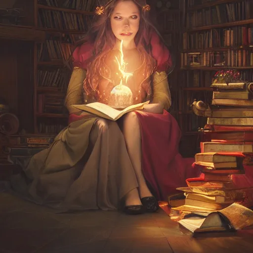 Prompt: an oil painting of a portrait of a beautiful hogwarts witch girl in gryffindor holding magic books, fairy tale, dreamy light, by wlop, greg rutkowski, thomas kinkade, super detailed, 3 d, hdr on, 4 k wallpaper