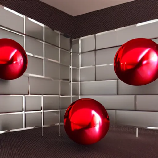 Prompt: chrome spheres on a red cube by michel granger