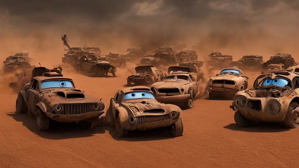 Image similar to pixar cars in mad max fury road, war boys, furiosa, imax