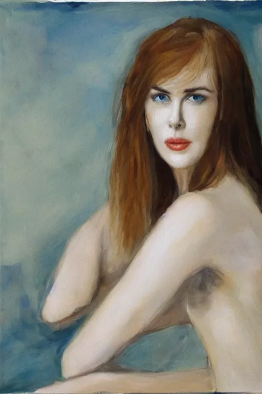 Image similar to 23 year old nicole kidman , loose messy hair , thoughtful eyes, wearing a thin white skimpy cotton camisole, pale skin, poised beautiful body, symmetrical face, zen aesthetic, interior design, amber and blue color scheme, sophisticated, pensive, contemplation, meditation, aloof, ethereal, oil painted canvas, loose brush strokes, Whistler painting