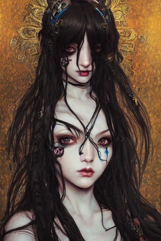 Prompt: portrait of beautiful young gothic maiden, cute anime face, cyberpunk, Warhammer, highly detailed, artstation, illustration, art by Gustav Klimt