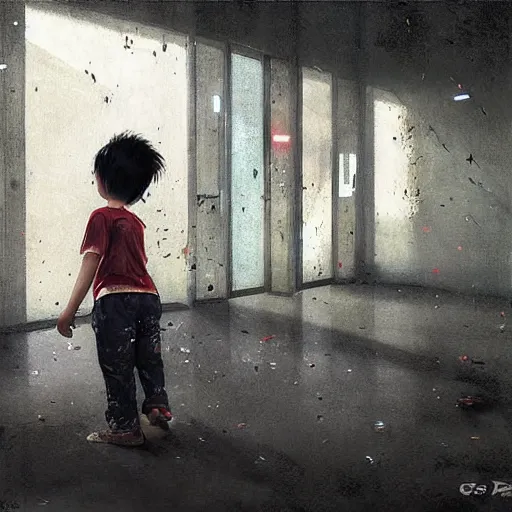 Prompt: a boy playing in a hdb void deck, by greg rutkowski