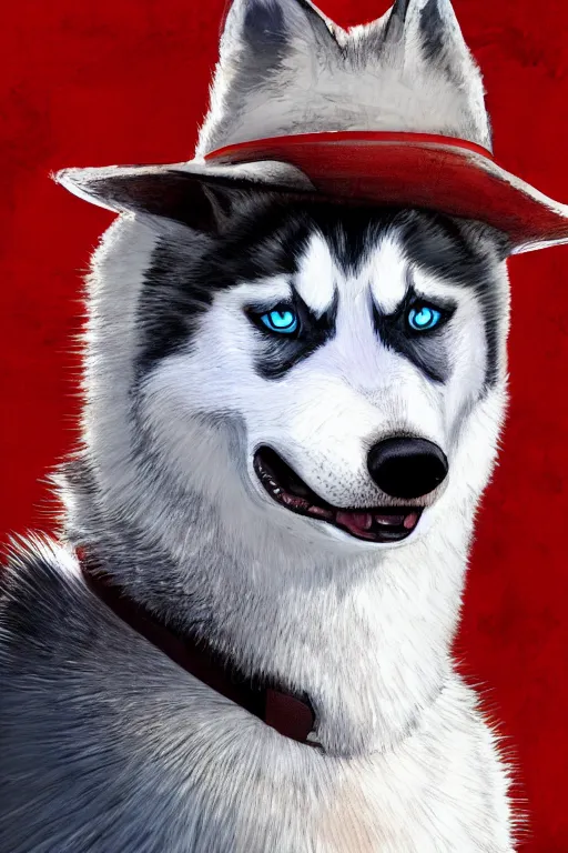 Image similar to a portrait painting of a husky in cowboy costume, wearing a cowboy hat, by [ studio ghibli ], in the style of anime, [ red dead ], trending on artstation