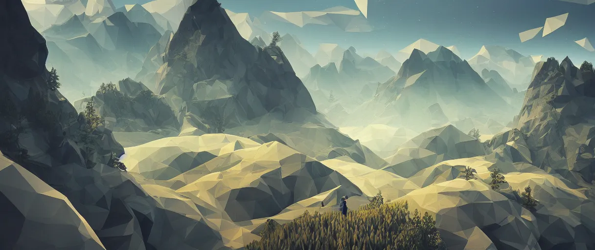 Prompt: 3 d render, mountain landscape, digital art, low poly art, minimalist, journey game, lowpoly landscape, intricate detail, whimsical, unreal engine, dreamy, brush strokes, bounce light, sunny, complementary palette, redsinski