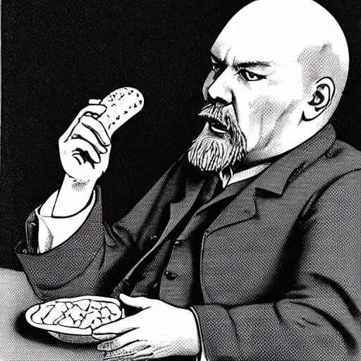 Image similar to lenin eating a hot dog, anime