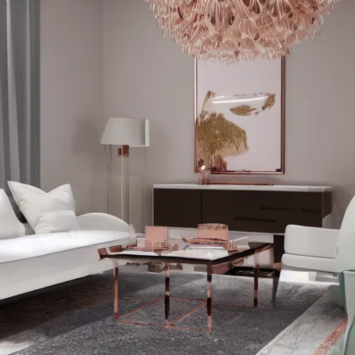 Image similar to 3 d render of white living room with rose gold metallic accents