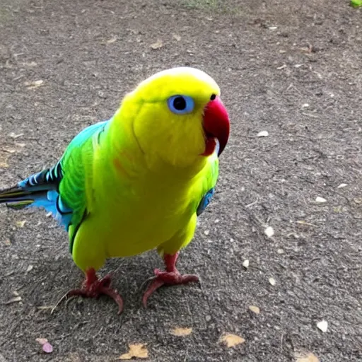 Prompt: a parakeet wearing a hoodie, the hoodie is shaped like winnie the poohs head, photo