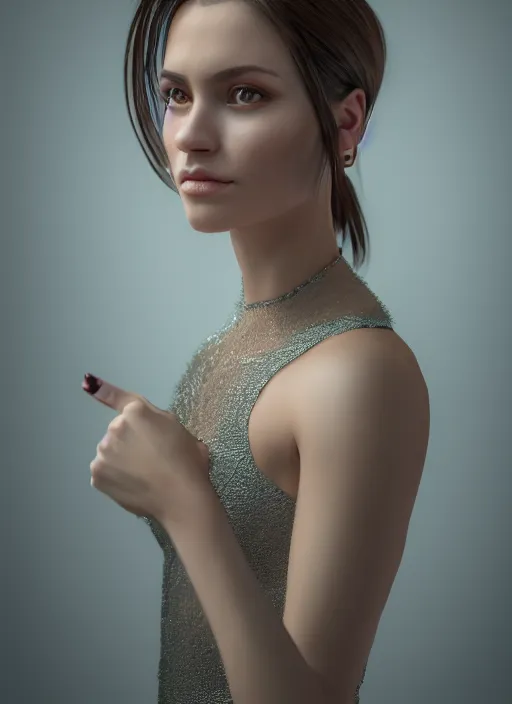 Image similar to portrait of a gorgeous young woman in the style of stefan kostic, octane render, realistic photo, sharp focus, 8k high definition, insanely detailed, intricate, elegant