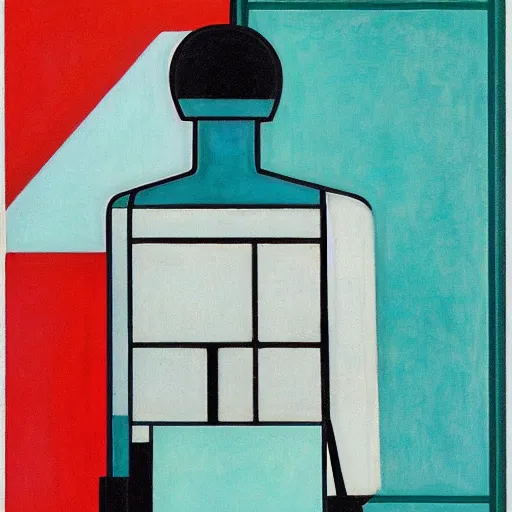 Image similar to art deco ‘dead space’, piet mondrian, femme bot, teal palette