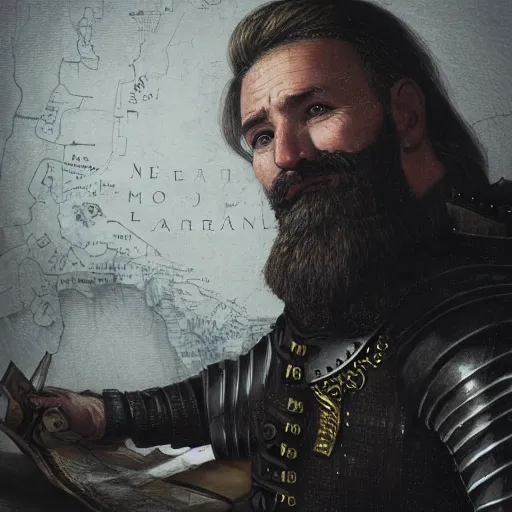 Image similar to Closeup of frustrated and acerbic male medieval sergeant with a {short} beard wearing a {black!!!! and yellow tabard} over a steel breastplate and a black gambeson looking up from a map on a table, intricate, dramatic lighting illustration by Greg Rutkowski, {perfect face}, {perfect eyes}, fantasy
