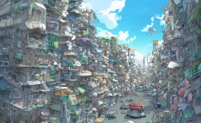 Prompt: a realistic cell - shaded studio ghibli concept art from paprika ( 2 0 0 6 ) of an overpopulated construction site city filled with living cars with faces and eyes, portal, hd, 4 k, hq