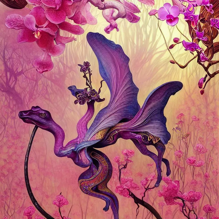 Image similar to psychedelic animal made of orchid and cherry blossom tree and mushrooms, LSD, diffuse lighting, fantasy, intricate, elegant, highly detailed, lifelike, photorealistic, digital painting, artstation, illustration, concept art, smooth, sharp focus, art by John Collier and Albert Aublet and Krenz Cushart and Artem Demura and Alphonse Mucha and Giuseppe Arcimboldo