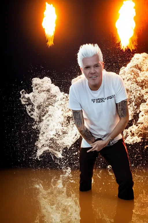 Image similar to scooter band member baxxter with white hair standing in water with explosion in background, full body, reflection in water, volumetric lighting, golden ratio