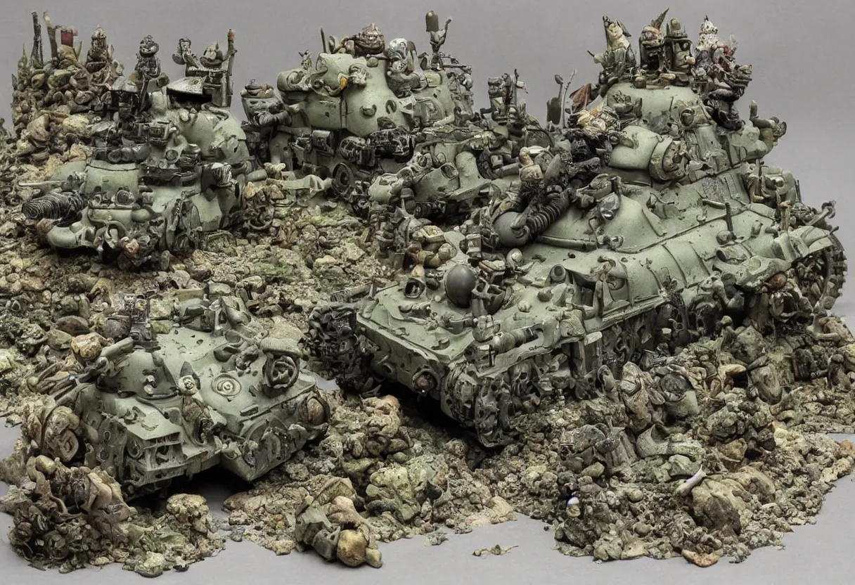 Prompt: totoro tank, post apocalyptic style. large army. fox holes. extremely high detail. shot on film, wide angle, storming