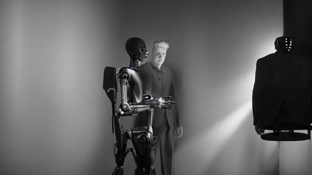 Image similar to movie still of a man and a robot having a moment of jealousy, cinematic composition, cinematic light, by david lynch and gaspar noe