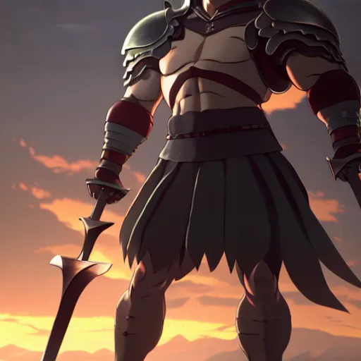 Image similar to strong muscular warrior with a greatsword and wearing plate armor, square masculine facial features, short messy hair, intimidating appearance, 3 d octane render, unreal engine 5, ultra high detail, cel shaded, trending on pixiv fanbox, by greg rutkowski makoto shinkai takashi takeuchi studio ghibli, akihiko yoshida