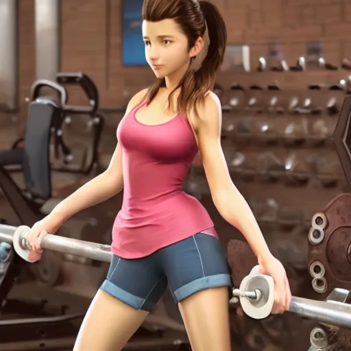 Image similar to aerith gainsborough with gains from the gym. high detail sharp detail 4k UHD v-ray artwork, official media