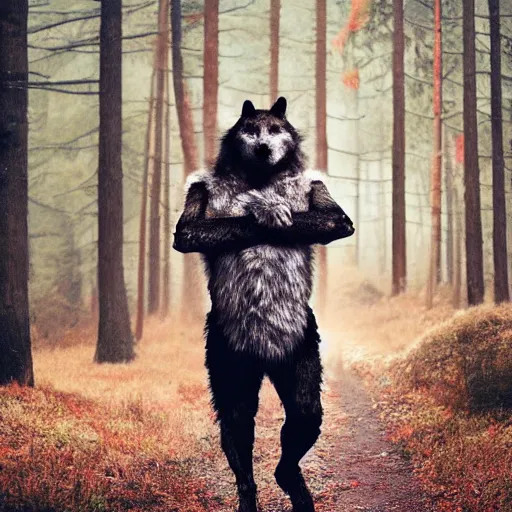 Image similar to ! werecreature consisting of a! human and wolf, photograph captured in a forest