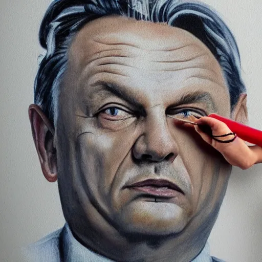 Image similar to old child paints a sausage and viktor orban on white paper, anatomically correct, oil painting, hyper realistic, 8 k highly detailed