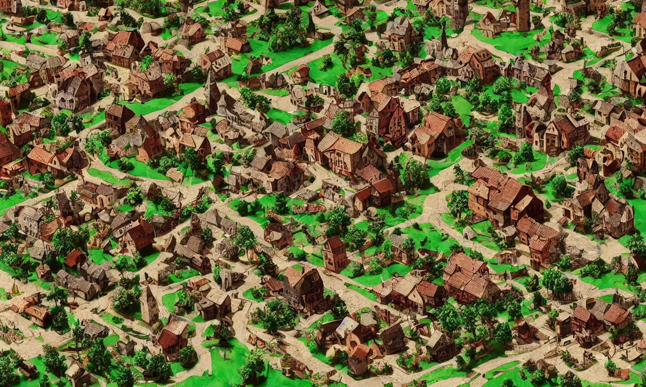Prompt: beautiful medieval village diorama with a few houses and farms, digital art