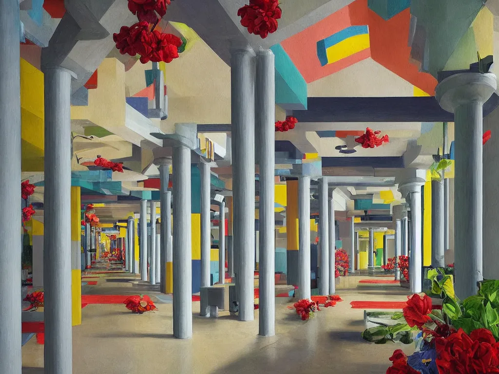 Image similar to colorful minimalist industrial interior hallway with monolithic pillars in the style of ridley scott and stanley kubrick, impossible stijl architecture, bed of flowers on floor, ultra view angle view, realistic detailed painting by edward hopper