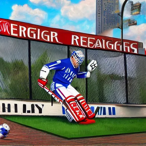 Image similar to Igor shesterkin in goal for the N.Y. Rangers 8k resolution hyperdetailed photorealism HDR