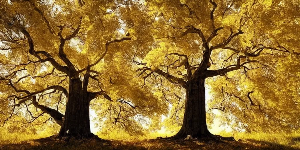 Image similar to a tall old tree with golden leaves, magnificent and sacred atmosphere, ilustration