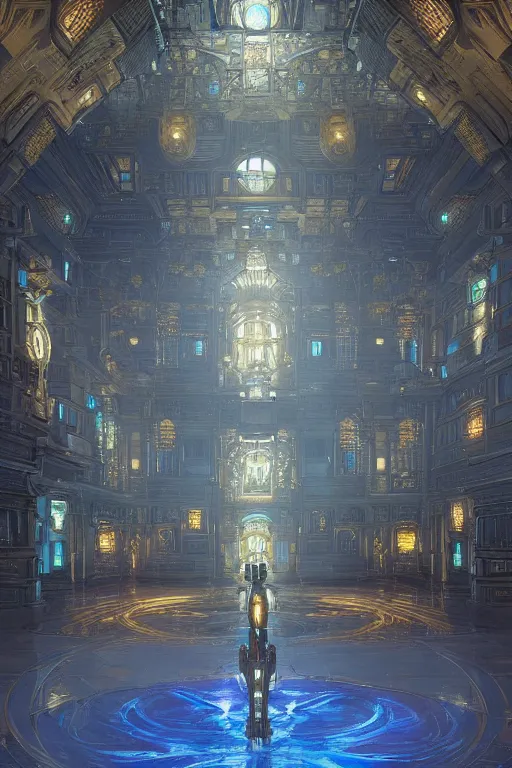 Image similar to Concept Digital Art Highly detailed Alien Art Deco Cybertron courtyard inside of the Palace of the Primes with glowing blue water at night by greg rutkowski, Ilya repin, alphonse mucha, and Edmund Blair Leighton. Very highly detailed 8K, octane, Digital painting, the golden ratio, rational painting