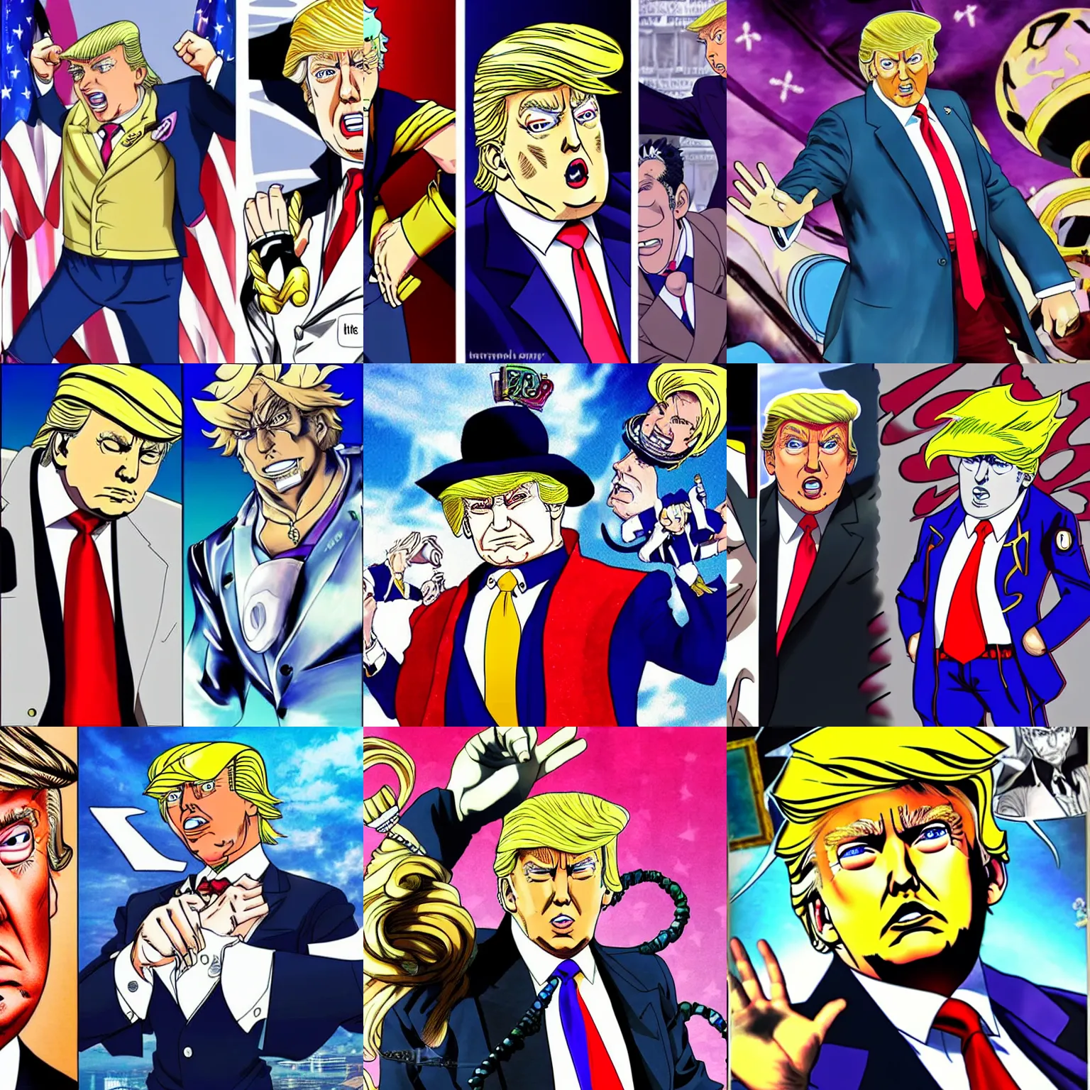 Prompt: Donald Trump in Jojo's Bizarre Adventure, anime art