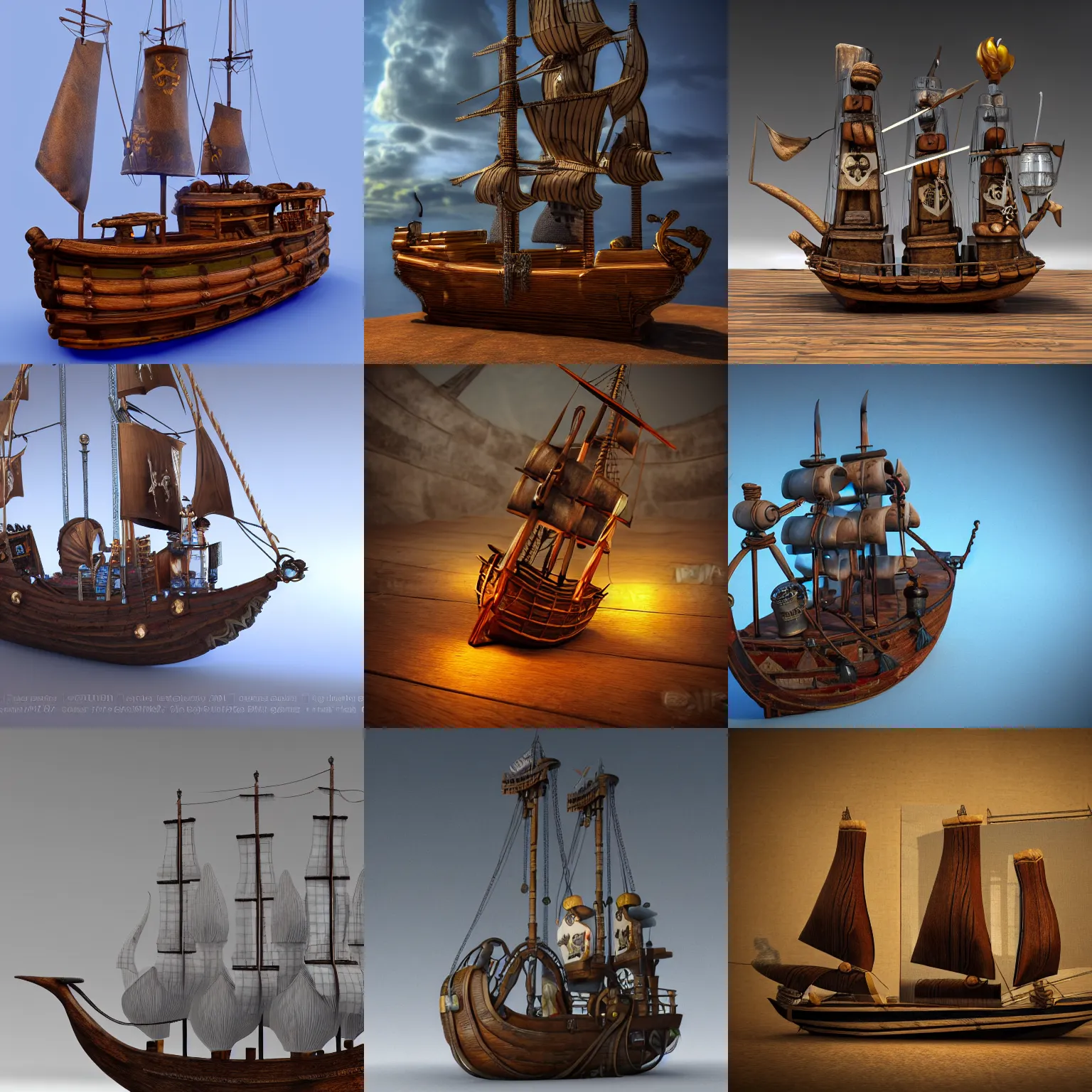 Prompt: a pirate ship in the bottle, glass bottle, antique showpiece, 3d render, unreal engine, smooth defined edges, sharp focus, 4k