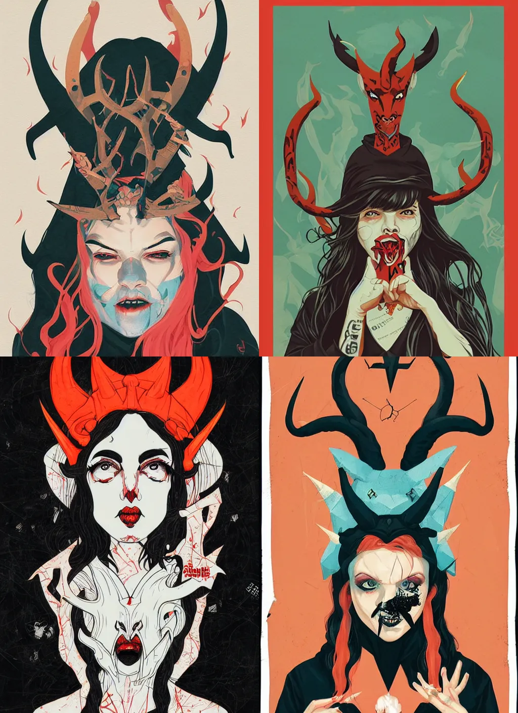 Prompt: A satanic witch with horns in head by Sachin Teng x Supreme:5 attractive, stylish, designer , asymmetrical, Matte Painting , geometric shapes, hard edges, graffiti, street art:2 Masterpiece, impressive detail, colorful, by Sachin Teng:4