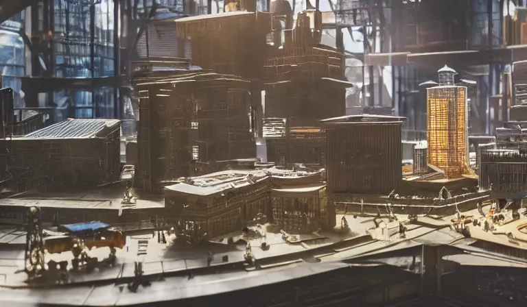 Image similar to group of people in simple warehouse, looking at hologram of futuristic city on a table, cinematic concept art, godrays, golden hour, natural sunlight, 4 k, clear details, tabletop model buildings, center model buildings, hologram center, crane shot, crane shot, crane shot