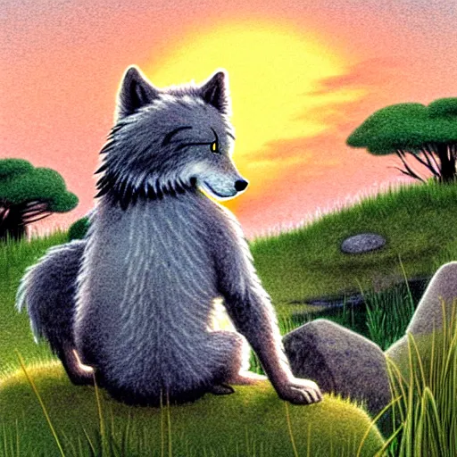 Prompt: view from behind of fluffy baby grey wolf sitting on the shore of a small pond, tall grass and rocks frame the wolf on either side, looking out at a sunset, award winning illustration by maurice sendak and don freeman