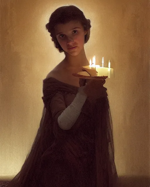 Image similar to a shadowy portrait painting of a shy, blushing 1 6 - year old alicia vikander or millie bobby brown as a princess lit only by candlelight in the darkness, intricate, elegant, highly detailed, artstation, concept art, by krenz cushart and donato giancola and william adolph bouguereau and alphonse mucha