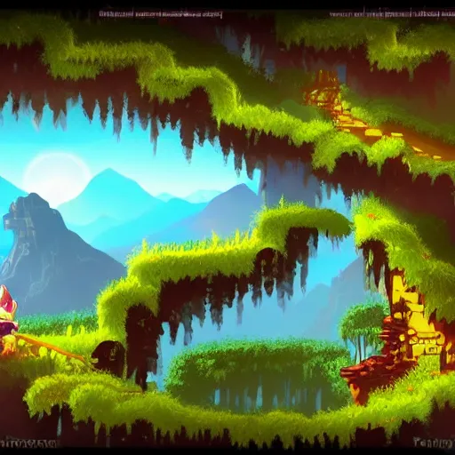 Image similar to way to the beautiful city in a ring of mountains, side-scrolling 2d platformer game level, swirling clouds, fantasy magical vegetation, dramatic dusk sun illuminates areas, volumetric light , detailed, rich color, upscale, fantasy, 8k