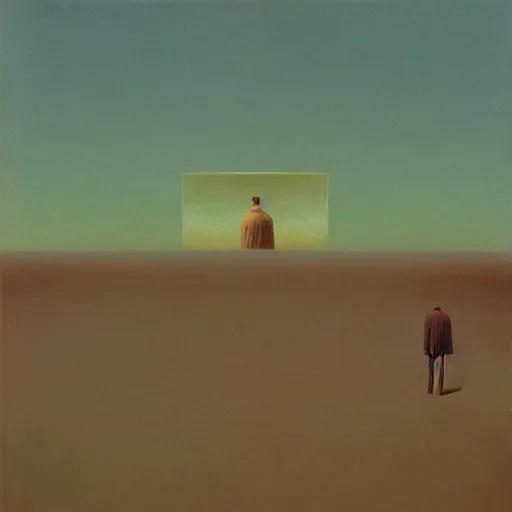 Image similar to floating baroque mirror with faceless man in the reflection. mirror floating above the big an empty desert by zdzislaw beksinski, color