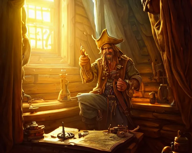 Image similar to an old pirate writing on a treasure map, light coming through window, golden hour, interior, ship, nautical, deep focus, d & d, fantasy, intricate, elegant, highly detailed, digital painting, artstation, concept art, matte, sharp focus, illustration, hearthstone, art by artgerm and greg rutkowski and alphonse mucha