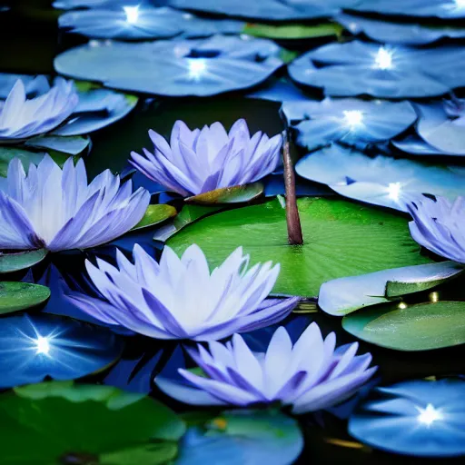 Prompt: Water lily made of blue and white fairy lights, floating on the water with reflection underneath, beautiful image, dark background, octane render 8k