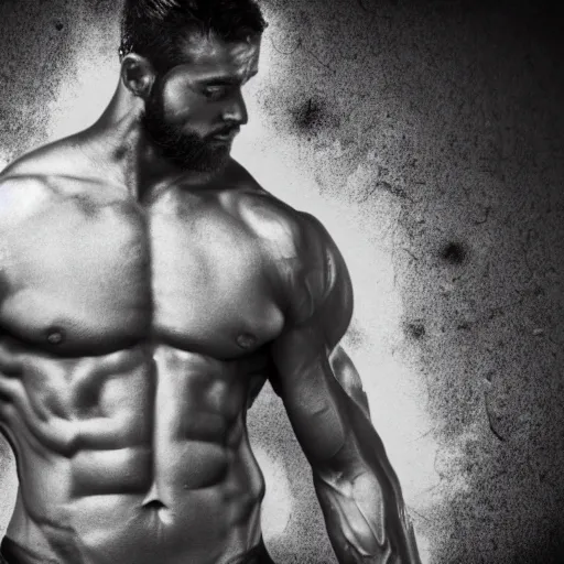 Image similar to Jesus Christ is a jacked muscle builder gigachad, grayscale photography