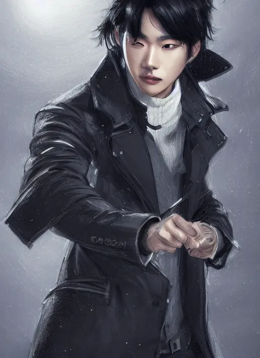 Prompt: a highly detailed illustration of young attractive black haired korean guy wearing black detective coat with coattails, heroic pose, strings background, intricate, elegant, highly detailed, centered, digital painting, artstation, concept art, smooth, sharp focus, league of legends concept art, wlop.